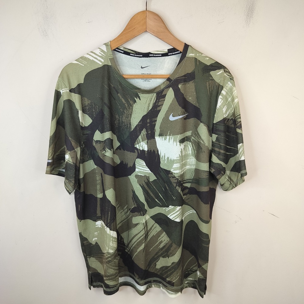 Nike Miler Camo Running Shirt Mens Medium Dri-Fit Short Sleeve Green